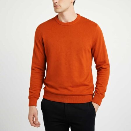 Men’s Classic Crew Neck Knitted Jumper – Premium Cotton Blend, Burnt Orange Smart Casual Pullover